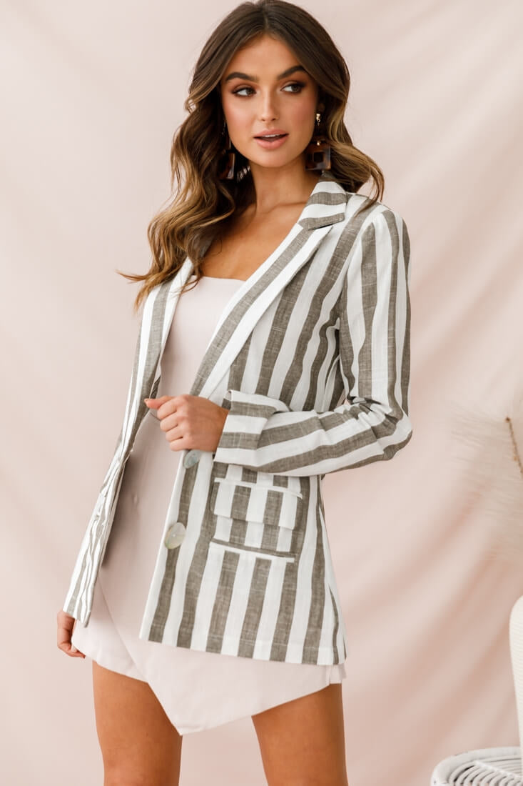 Hamptons Striped Notched Lapel Jacket Olive by Selfie Leslie