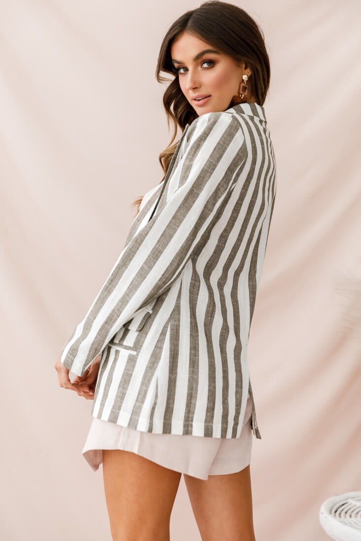 Hamptons Striped Notched Lapel Jacket Olive by Selfie Leslie