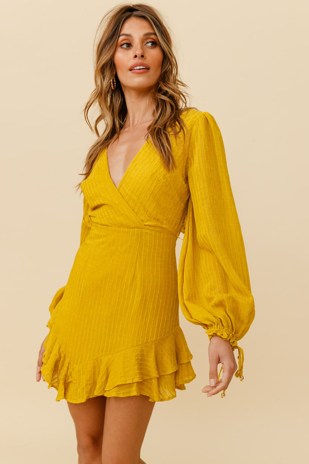 Lilo Surplice Neckline Cut-Out Back Dress Thin Stripe Mustard by Selfie Leslie