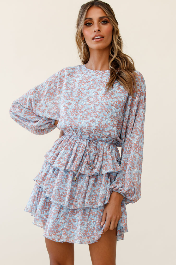 Odessa Long Sleeve Layered Ruffle Dress Floral Print Blue by Selfie Leslie