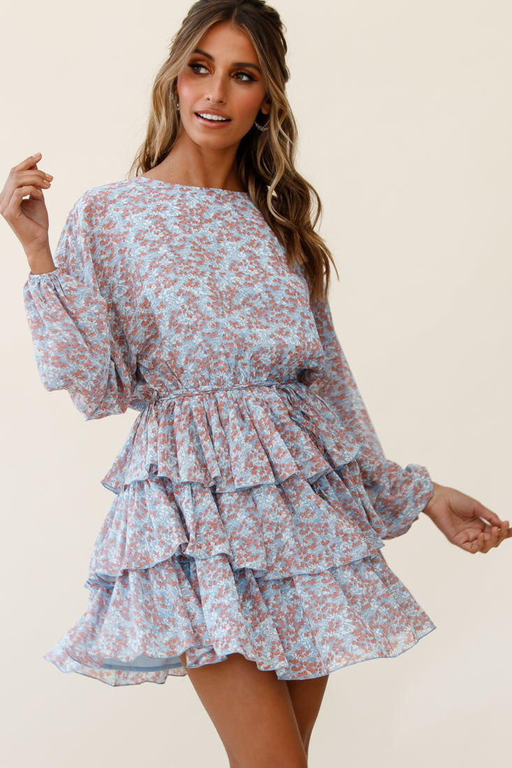 Odessa Long Sleeve Layered Ruffle Dress Floral Print Blue by Selfie Leslie