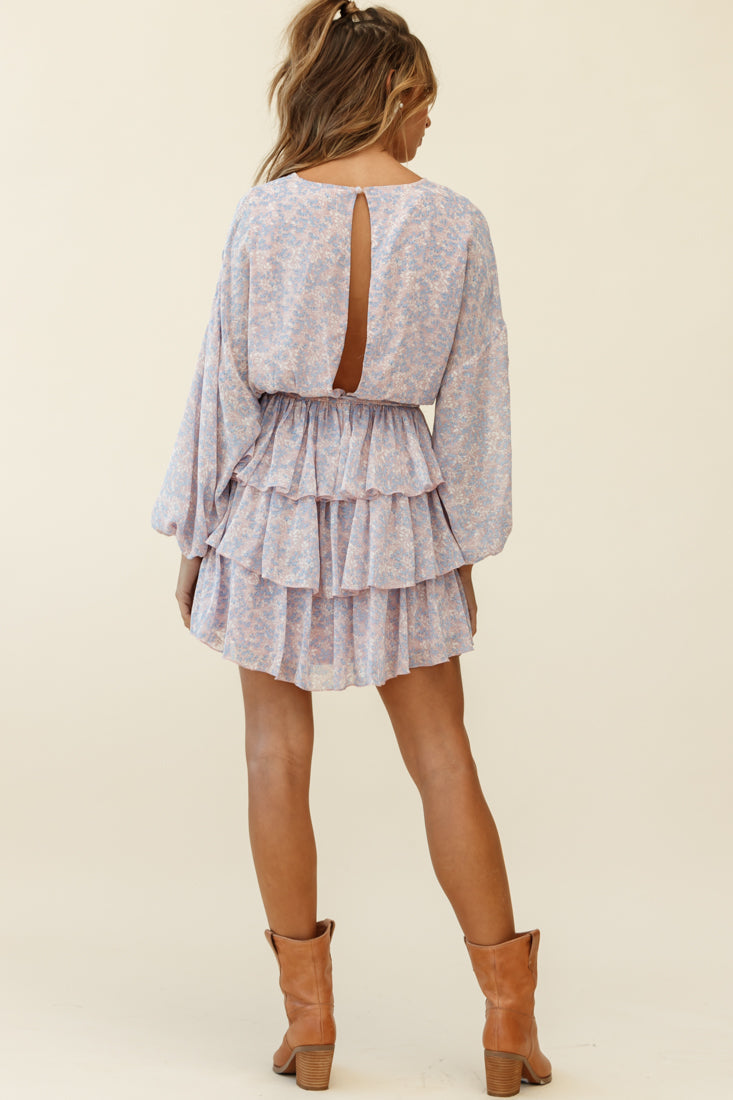 Odessa Long Sleeve Layered Ruffle Dress Flower Pattern Pink by Selfie Leslie