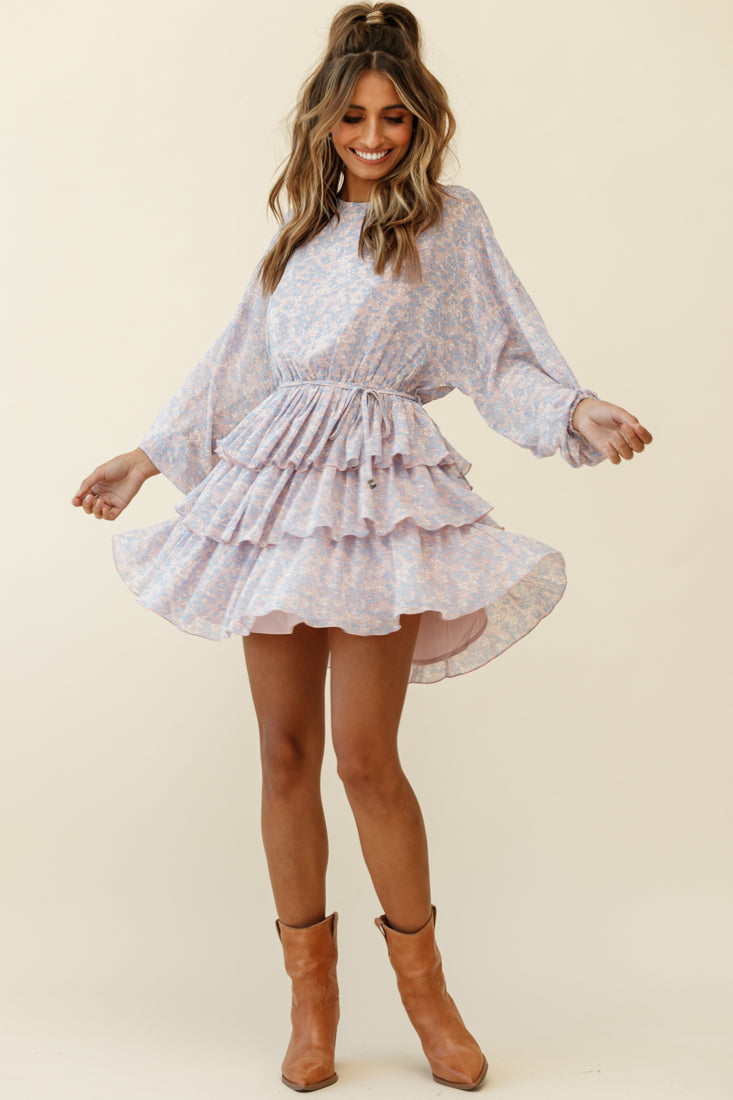 Odessa Long Sleeve Layered Ruffle Dress Flower Pattern Pink by Selfie Leslie
