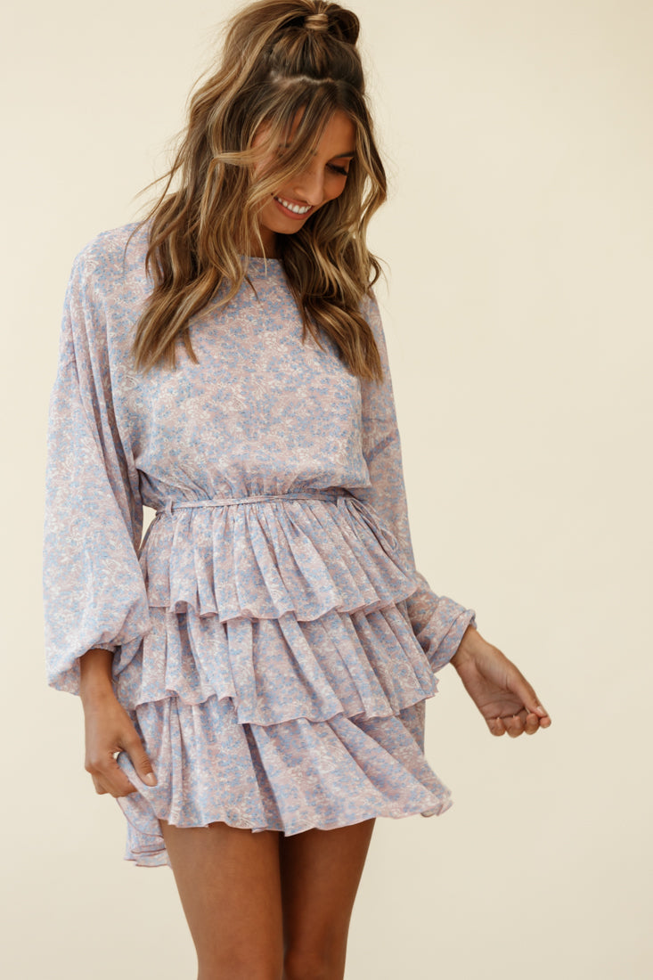 Odessa Long Sleeve Layered Ruffle Dress Flower Pattern Pink by Selfie Leslie
