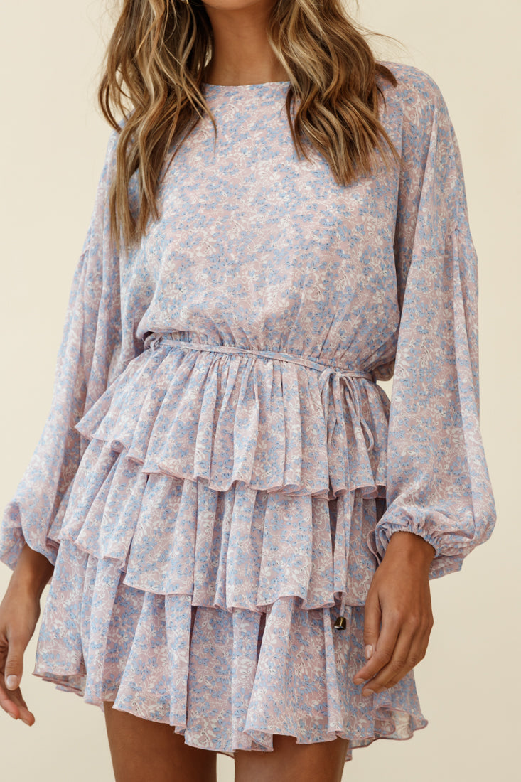 Odessa Long Sleeve Layered Ruffle Dress Flower Pattern Pink by Selfie Leslie
