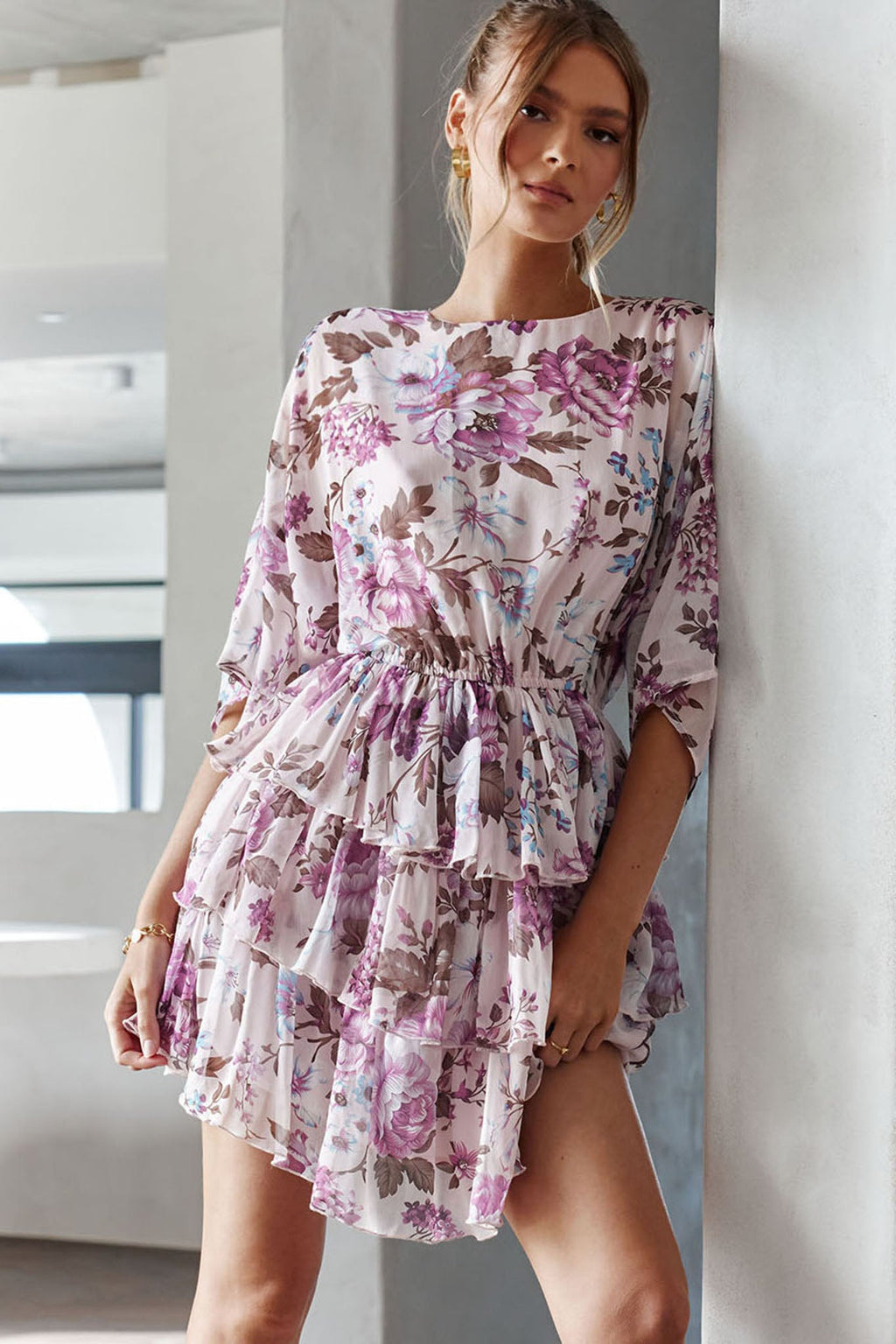 Odessa Long Sleeve Layered Ruffle Dress Rose Print Beige by Selfie Leslie