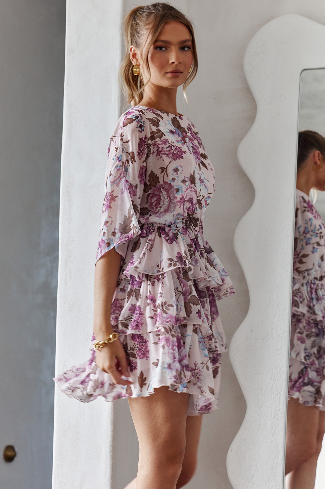 Odessa Long Sleeve Layered Ruffle Dress Rose Print Beige by Selfie Leslie