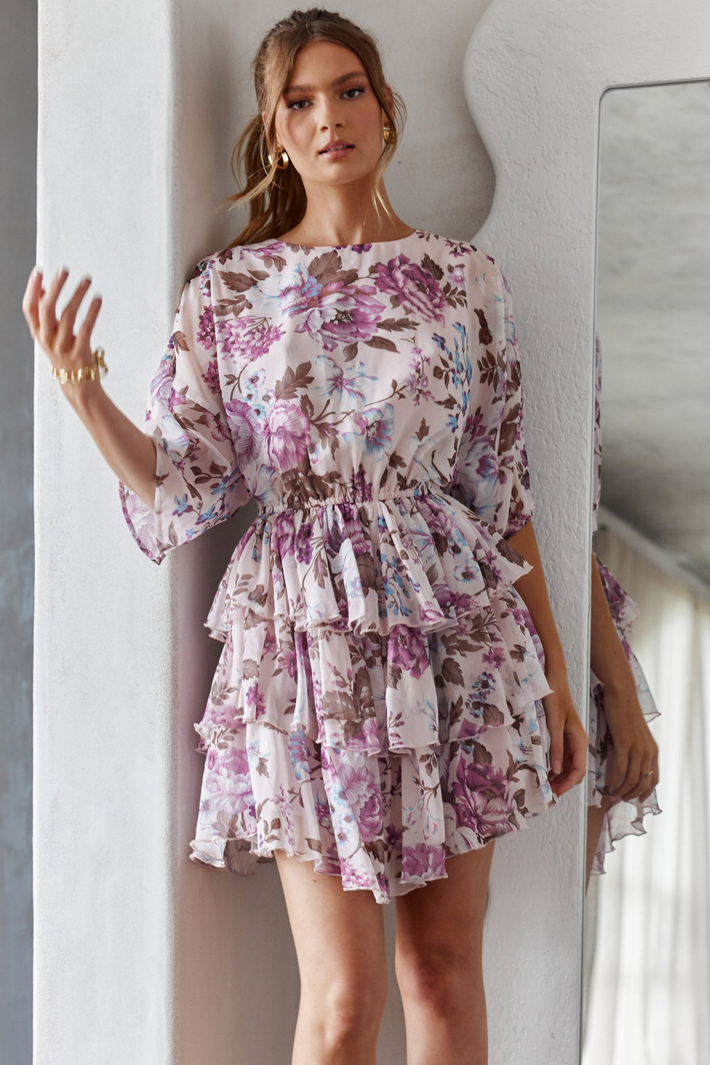 Odessa Long Sleeve Layered Ruffle Dress Rose Print Beige by Selfie Leslie