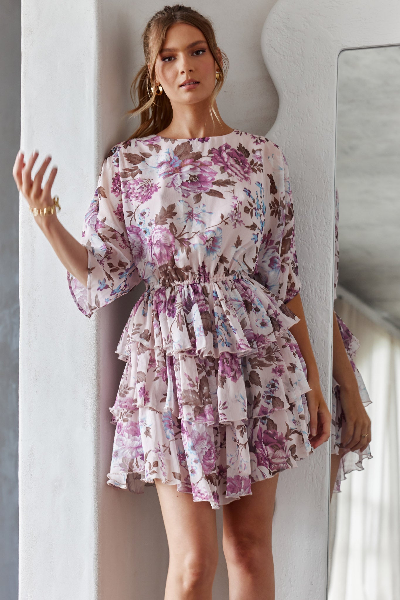 Odessa Long Sleeve Layered Ruffle Dress Rose Print Beige by Selfie Leslie
