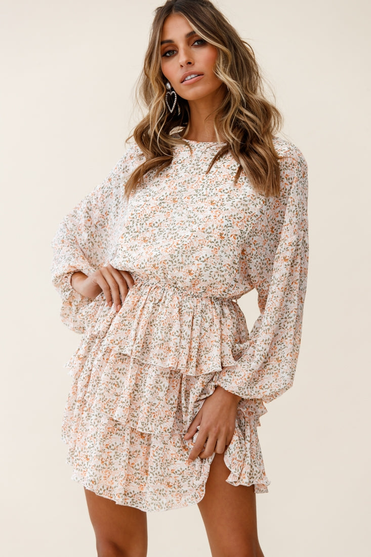 Odessa Long Sleeve Layered Ruffle Dress Floral Print Nude by Selfie Leslie
