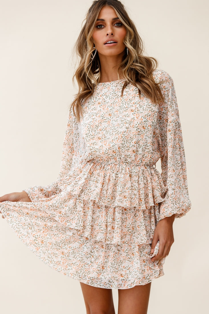 Odessa Long Sleeve Layered Ruffle Dress Floral Print Nude by Selfie Leslie