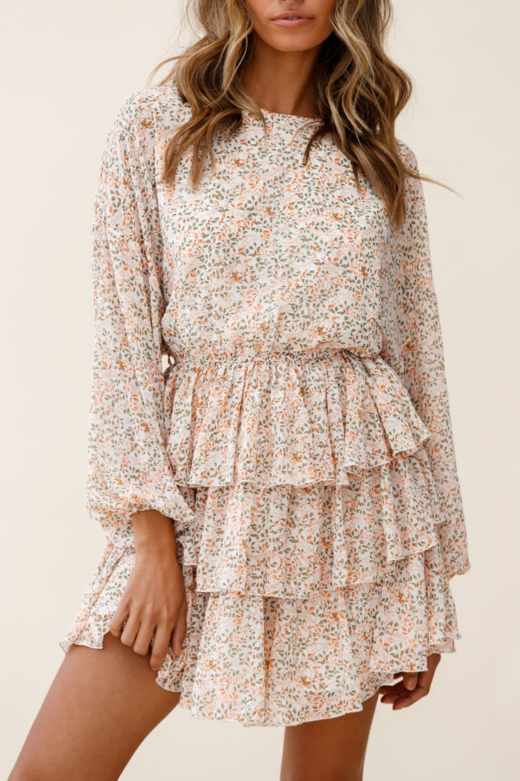 Odessa Long Sleeve Layered Ruffle Dress Floral Print Nude by Selfie Leslie