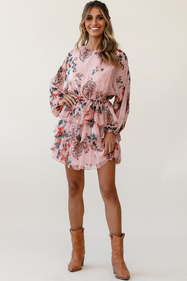 Odessa Long Sleeve Layered Ruffle Dress Floral Print Pink by Selfie Leslie