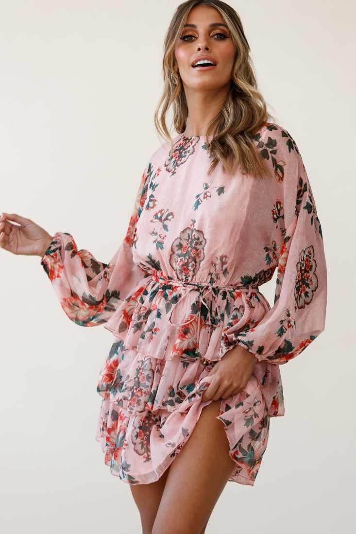 Odessa Long Sleeve Layered Ruffle Dress Floral Print Pink by Selfie Leslie