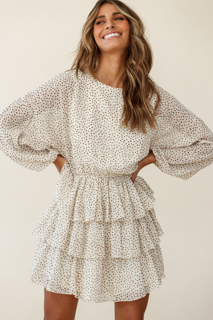 Odessa Long Sleeve Layered Ruffle Dress Speckle Print Beige by Selfie Leslie