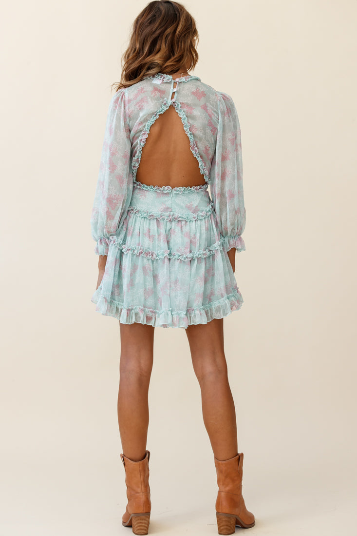 Laney Cutout Back Ruffle Trim Dress Leaves Print Mint by Selfie Leslie