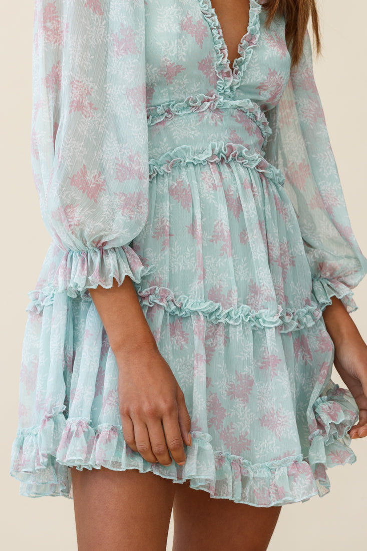 Laney Cutout Back Ruffle Trim Dress Leaves Print Mint by Selfie Leslie