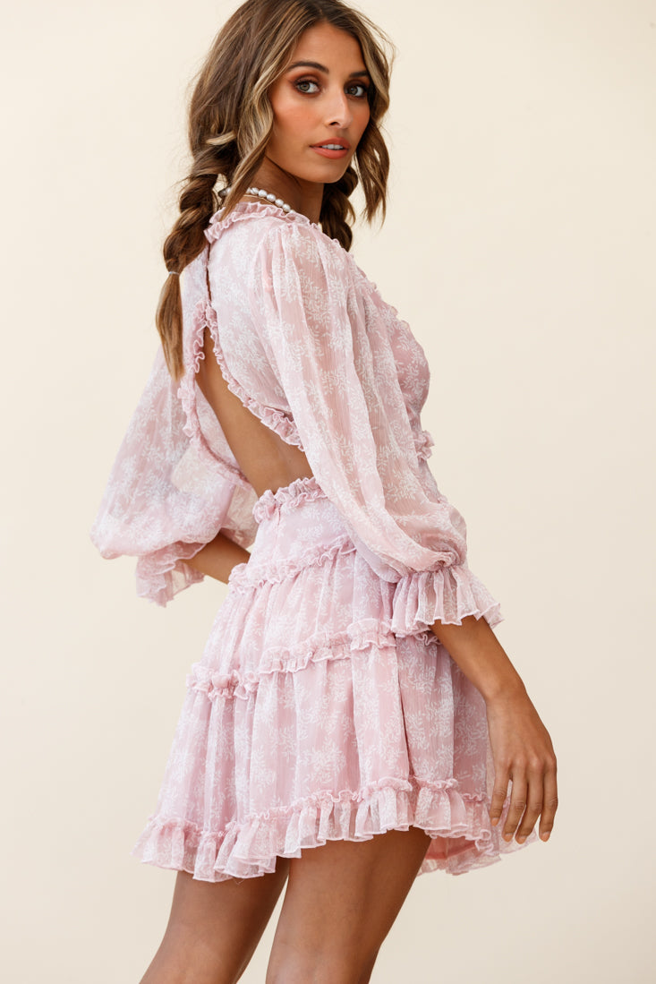 Laney Cutout Back Ruffle Trim Dress Leaves Print Pink by Selfie Leslie