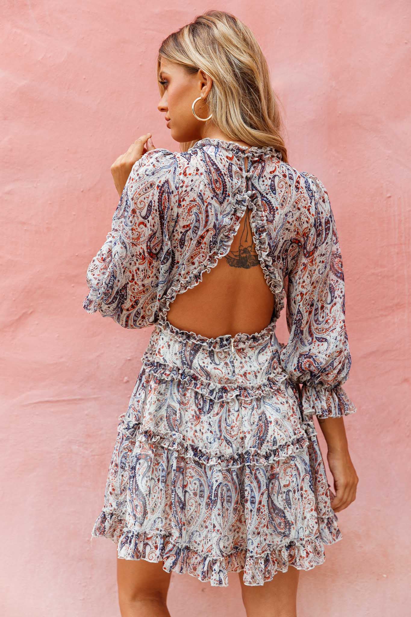 Laney Cutout Back Ruffle Trim Dress Paisley Print Navy by Selfie Leslie