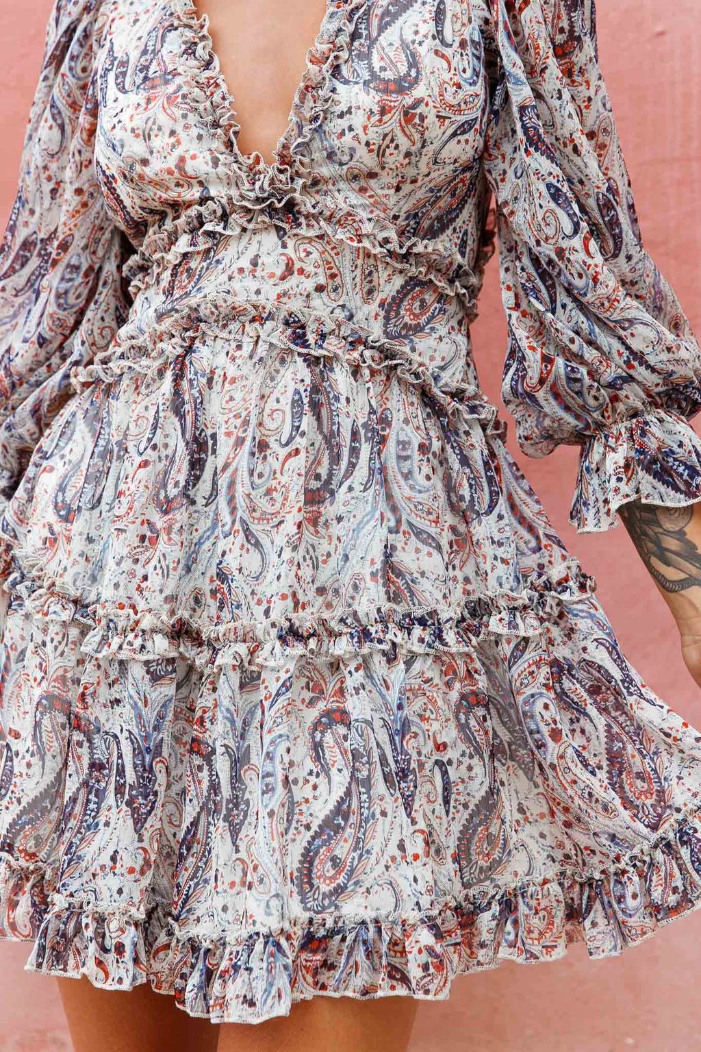 Laney Cutout Back Ruffle Trim Dress Paisley Print Navy by Selfie Leslie