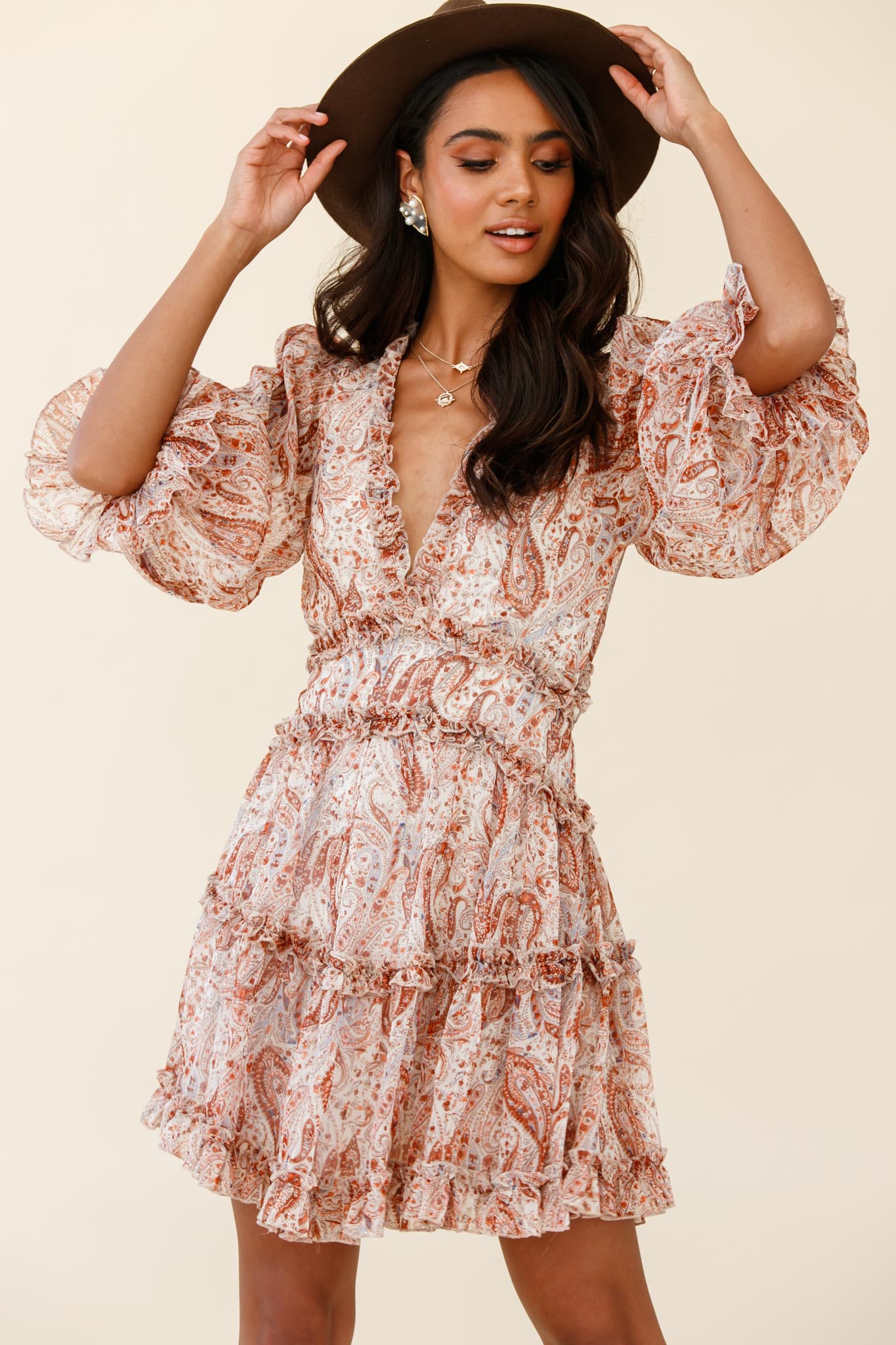 Laney Cutout Back Ruffle Trim Dress Paisley Print Rust by Selfie Leslie