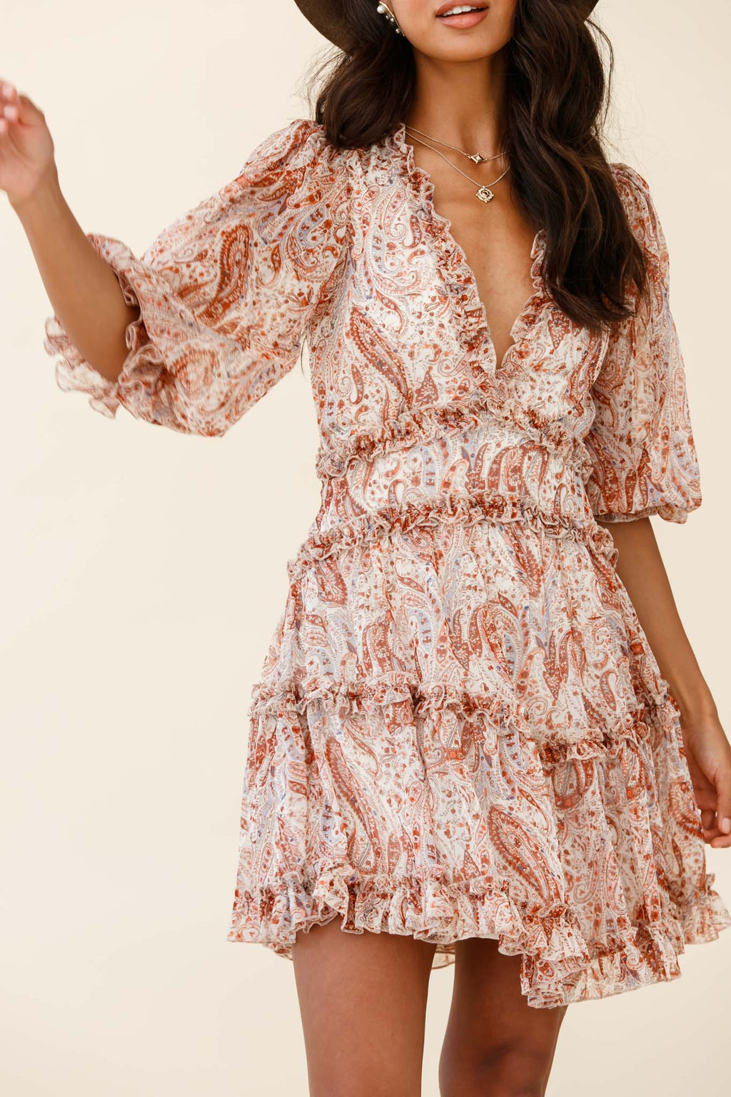 Laney Cutout Back Ruffle Trim Dress Paisley Print Rust by Selfie Leslie