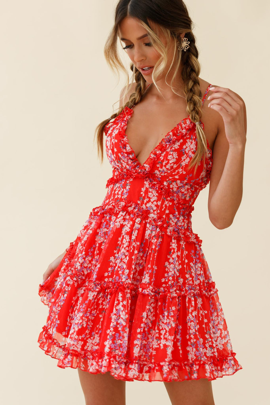 Laney Low Back Cami Strap Dress Floral Vine Print Red by Selfie Leslie