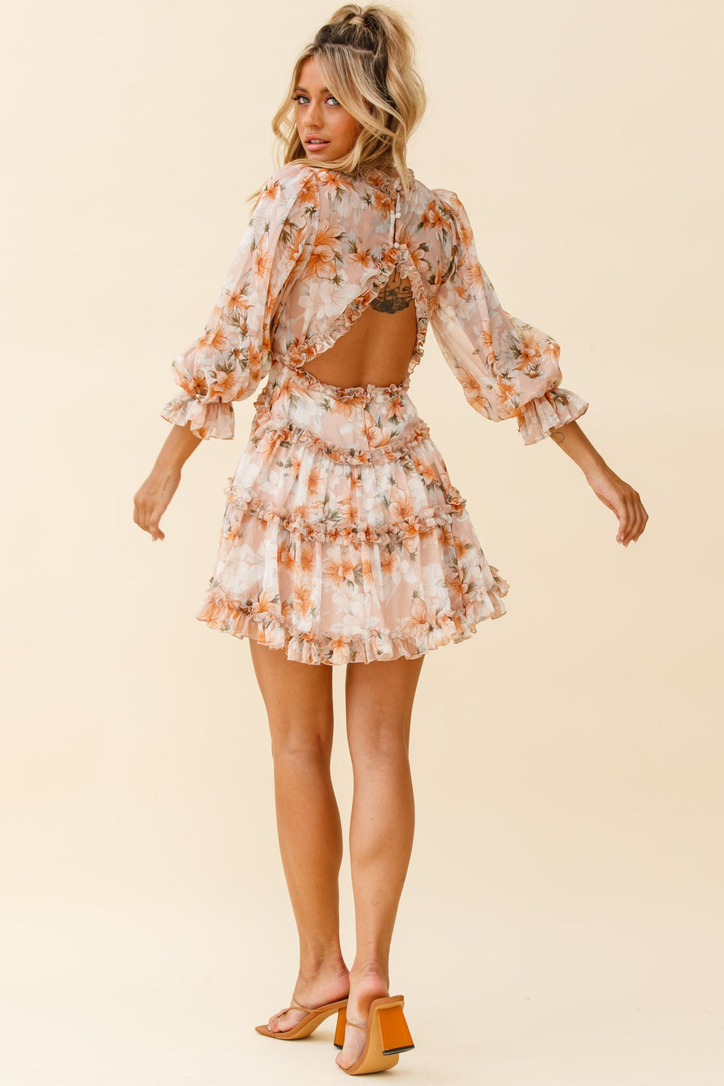 Laney Cutout Back Frill Trim Dress Hibiscus Print Nude by Selfie Leslie