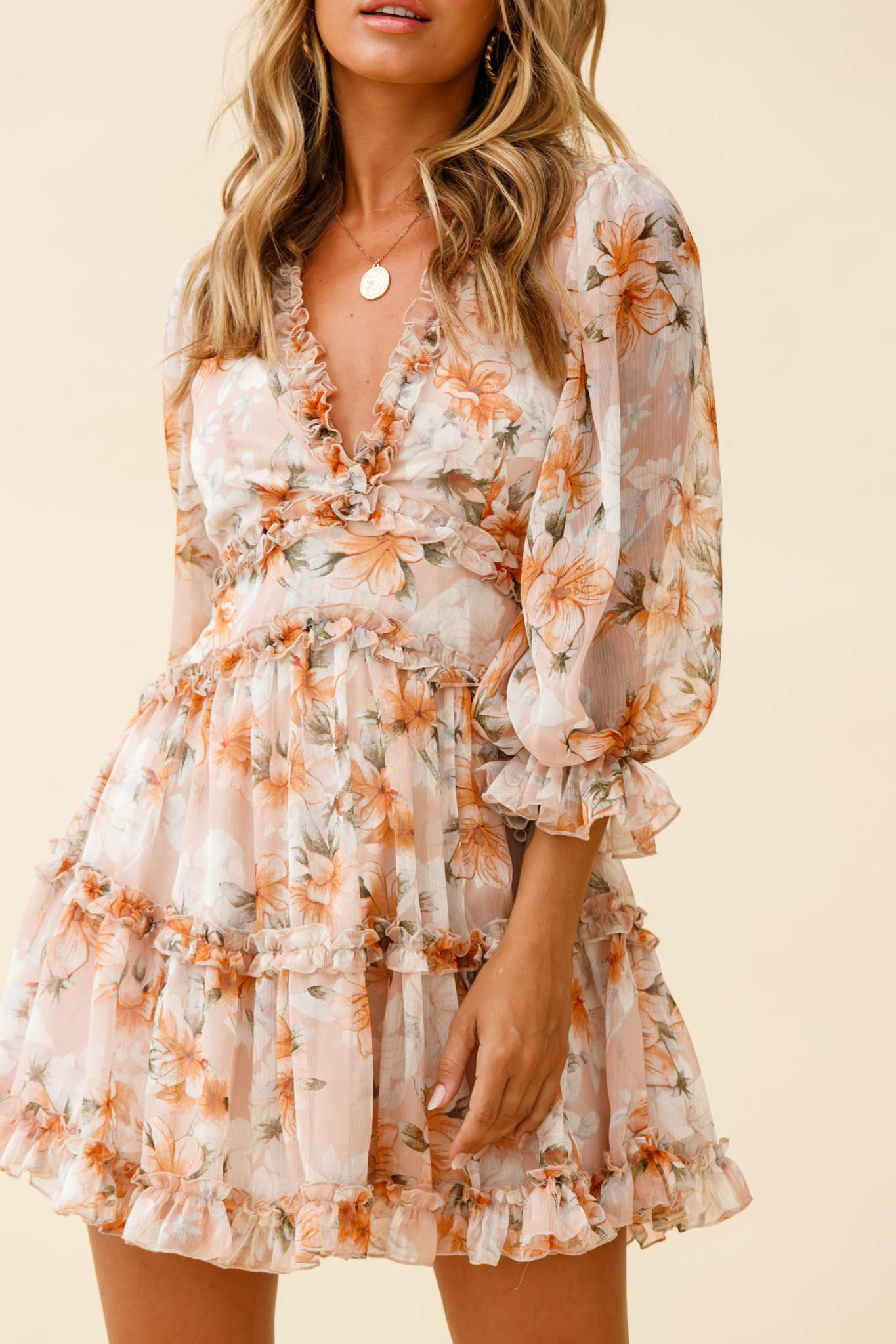 Laney Cutout Back Frill Trim Dress Hibiscus Print Nude by Selfie Leslie
