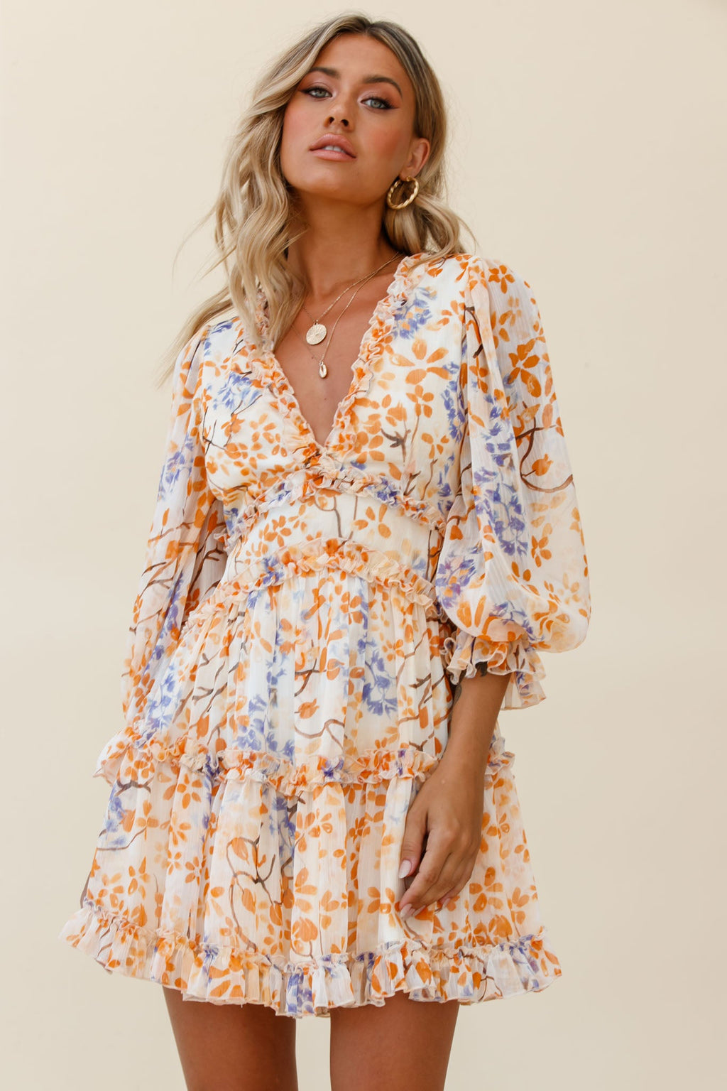 Laney Cutout Back Frill Trim Dress Floral Pattern Orange by Selfie Leslie