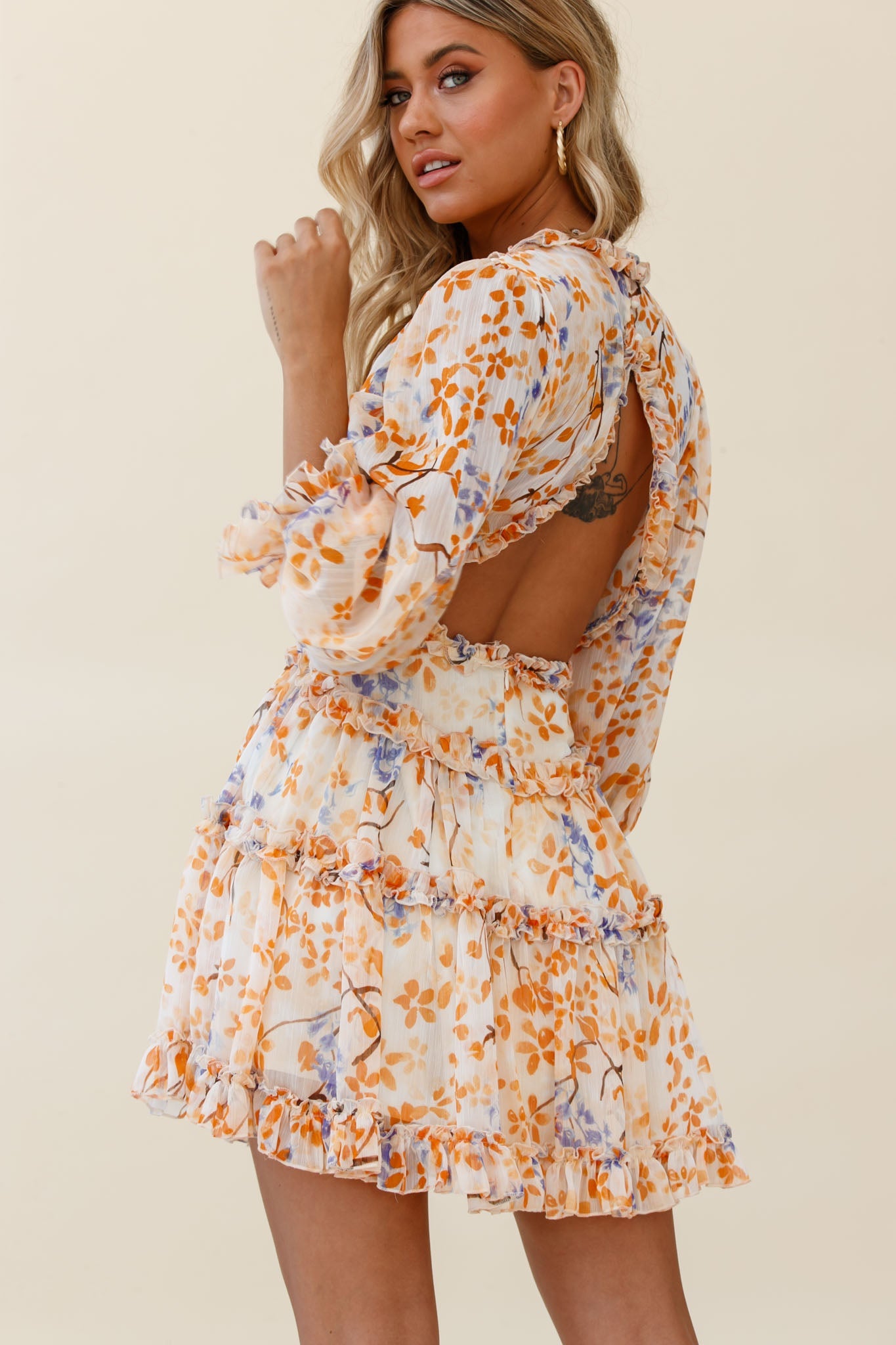 Laney Cutout Back Frill Trim Dress Floral Pattern Orange by Selfie Leslie