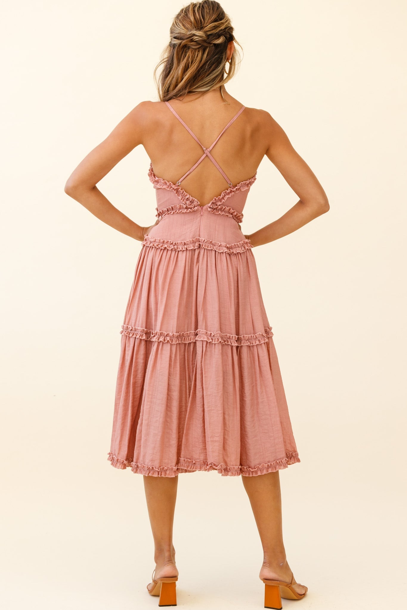 Laney Low Back Cami Strap Midi Dress Rose by Selfie Leslie