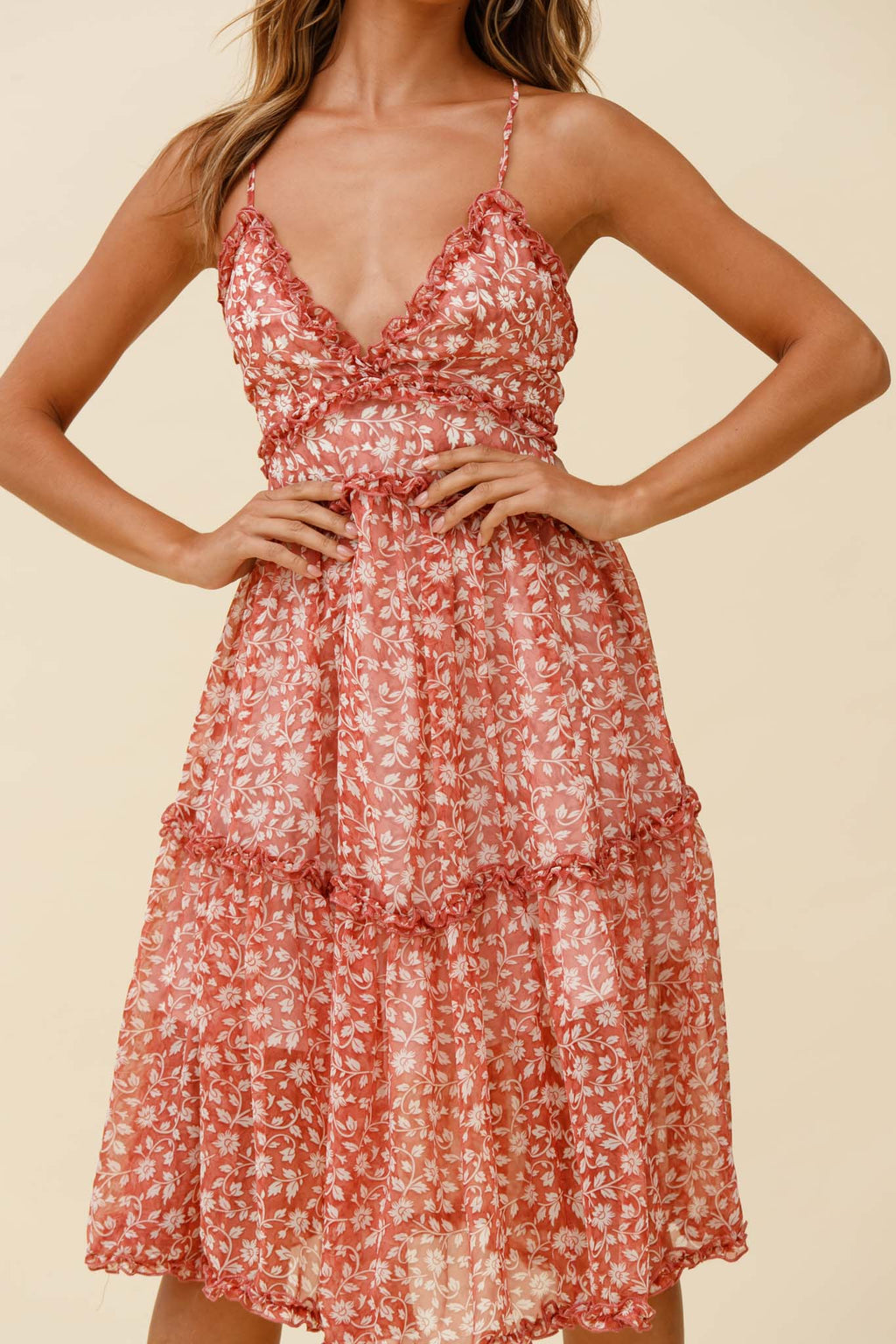 Laney Low Back Cami Strap Midi Dress Floral Print Rose by Selfie Leslie