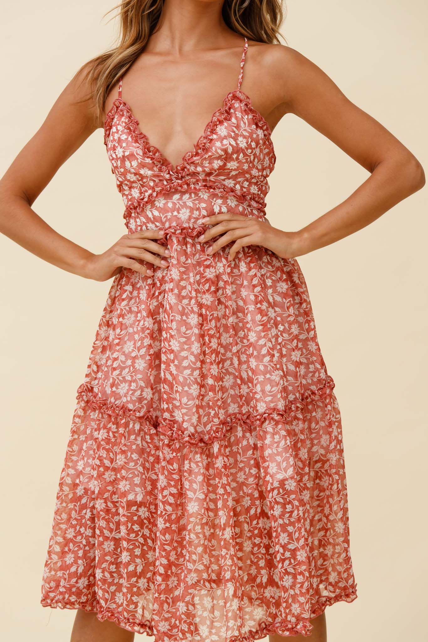 Laney Low Back Cami Strap Midi Dress Floral Print Rose by Selfie Leslie