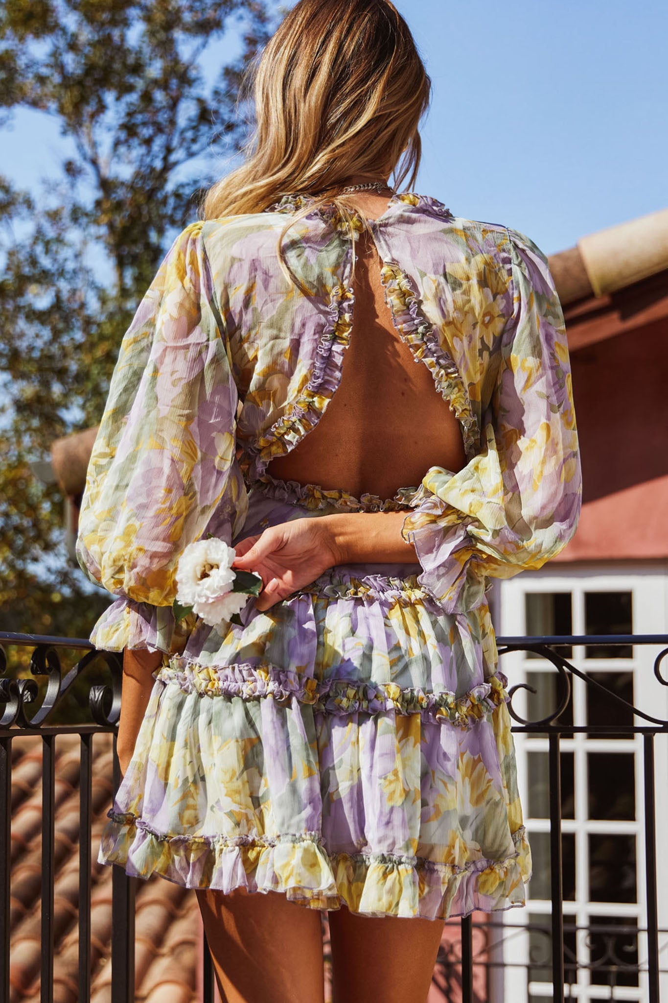Laney Cutout Back Ruffle Trim Dress Watercolor Floral Print Yellow by Selfie Leslie