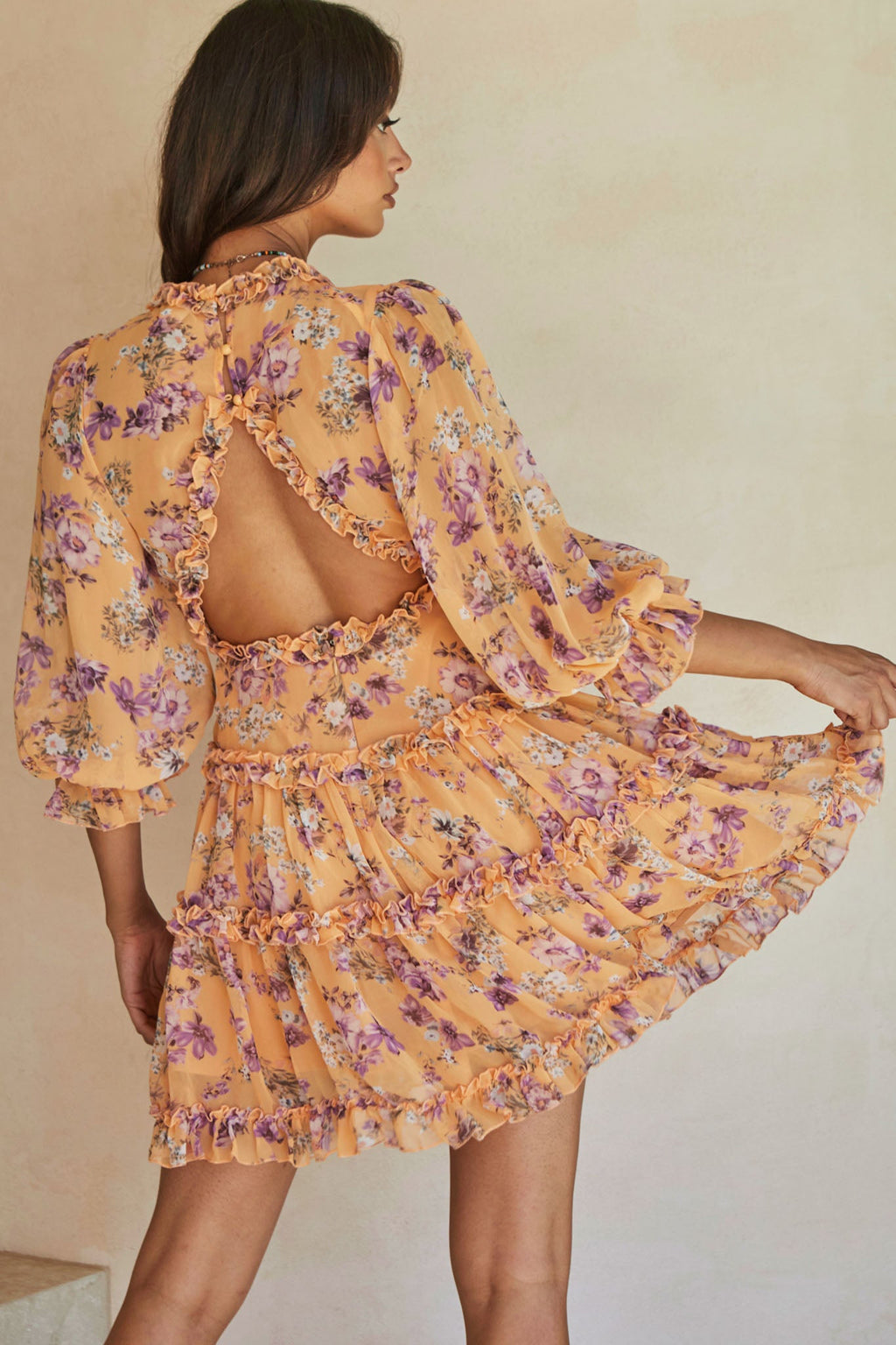 Laney Cutout Back Ruffle Trim Dress Vintage Floral Print Apricot by Selfie Leslie