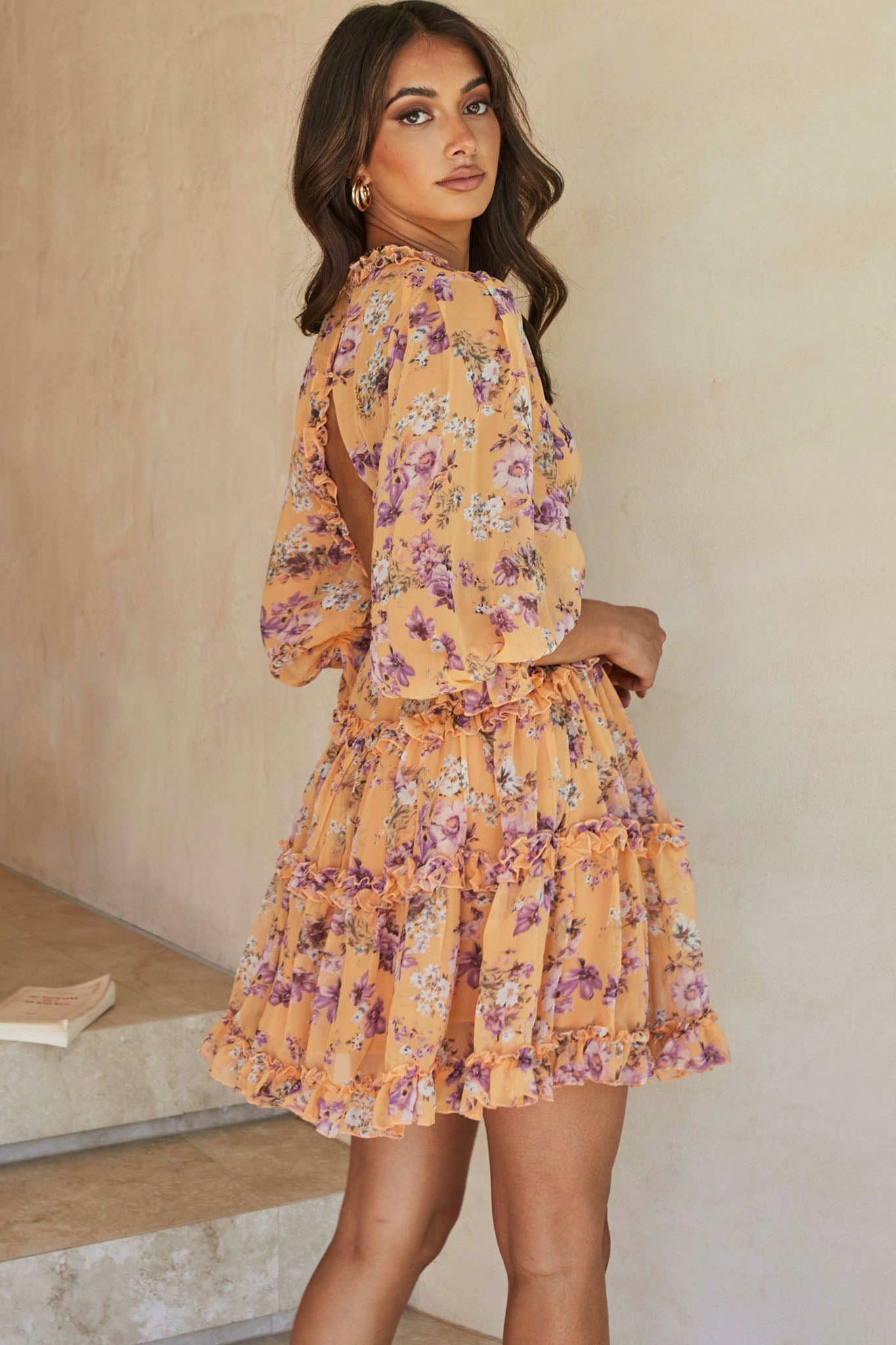 Laney Cutout Back Ruffle Trim Dress Vintage Floral Print Apricot by Selfie Leslie