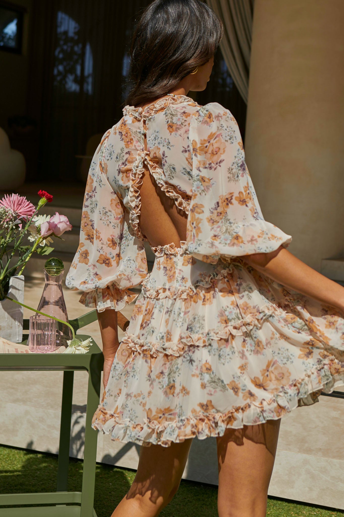 Laney Cutout Back Ruffle Trim Dress Vintage Floral Print Beige by Selfie Leslie