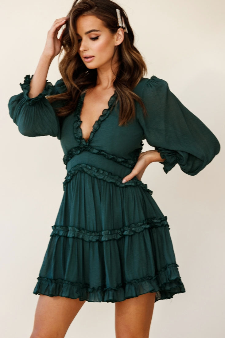 Laney Cutout Back Balloon Sleeve Dress Green by Selfie Leslie