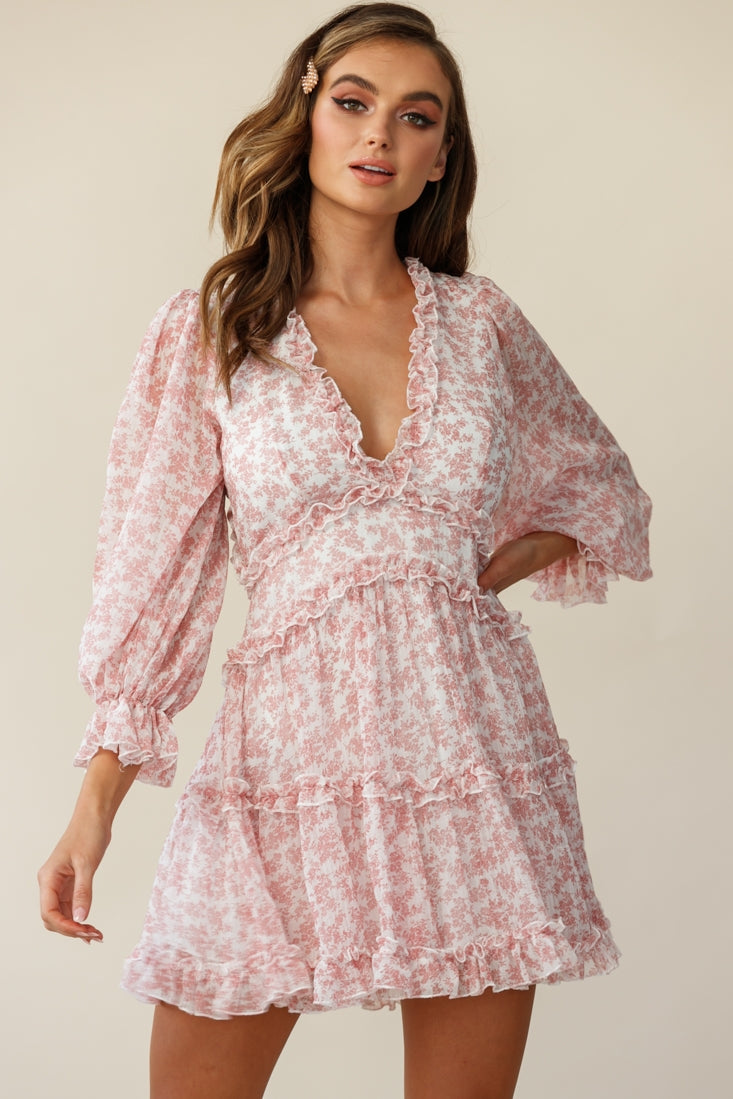 Laney Cutout Back Ruffle Trim Dress Floral Print Blush by Selfie Leslie