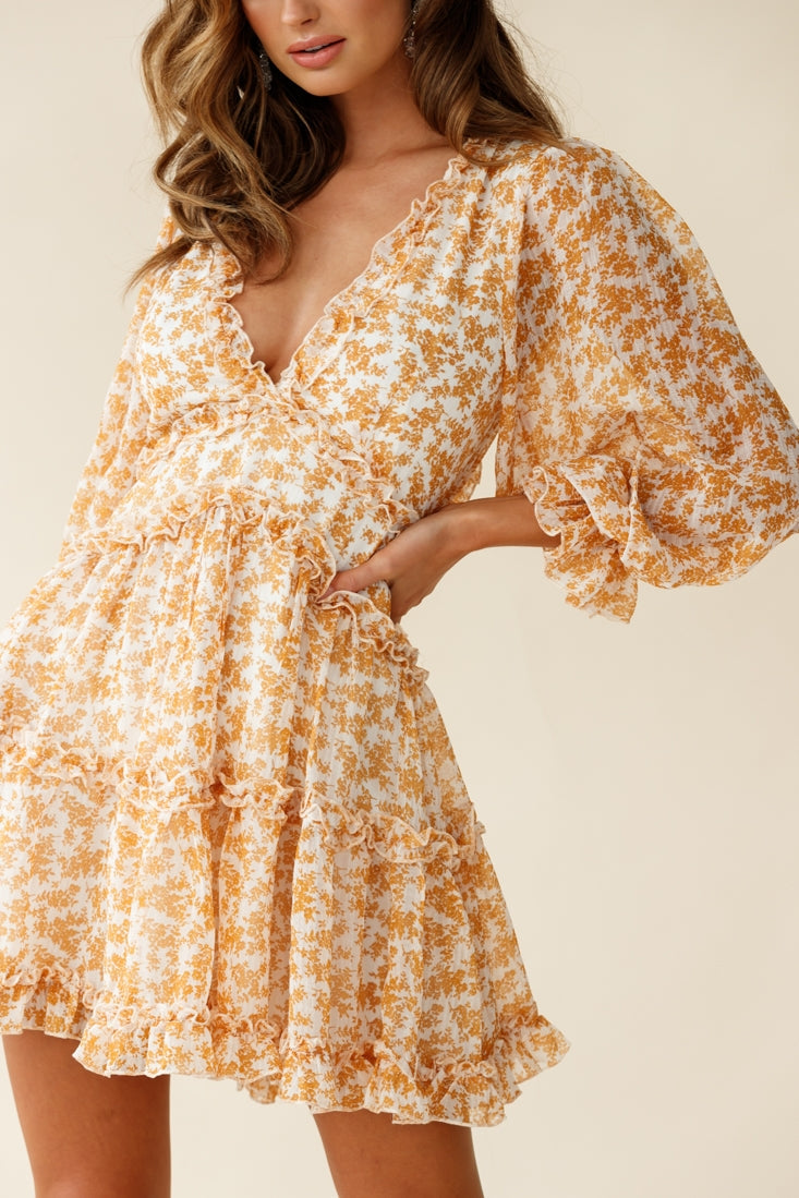 Laney Cutout Back Balloon Sleeve Dress Floral Print Mustard by Selfie Leslie