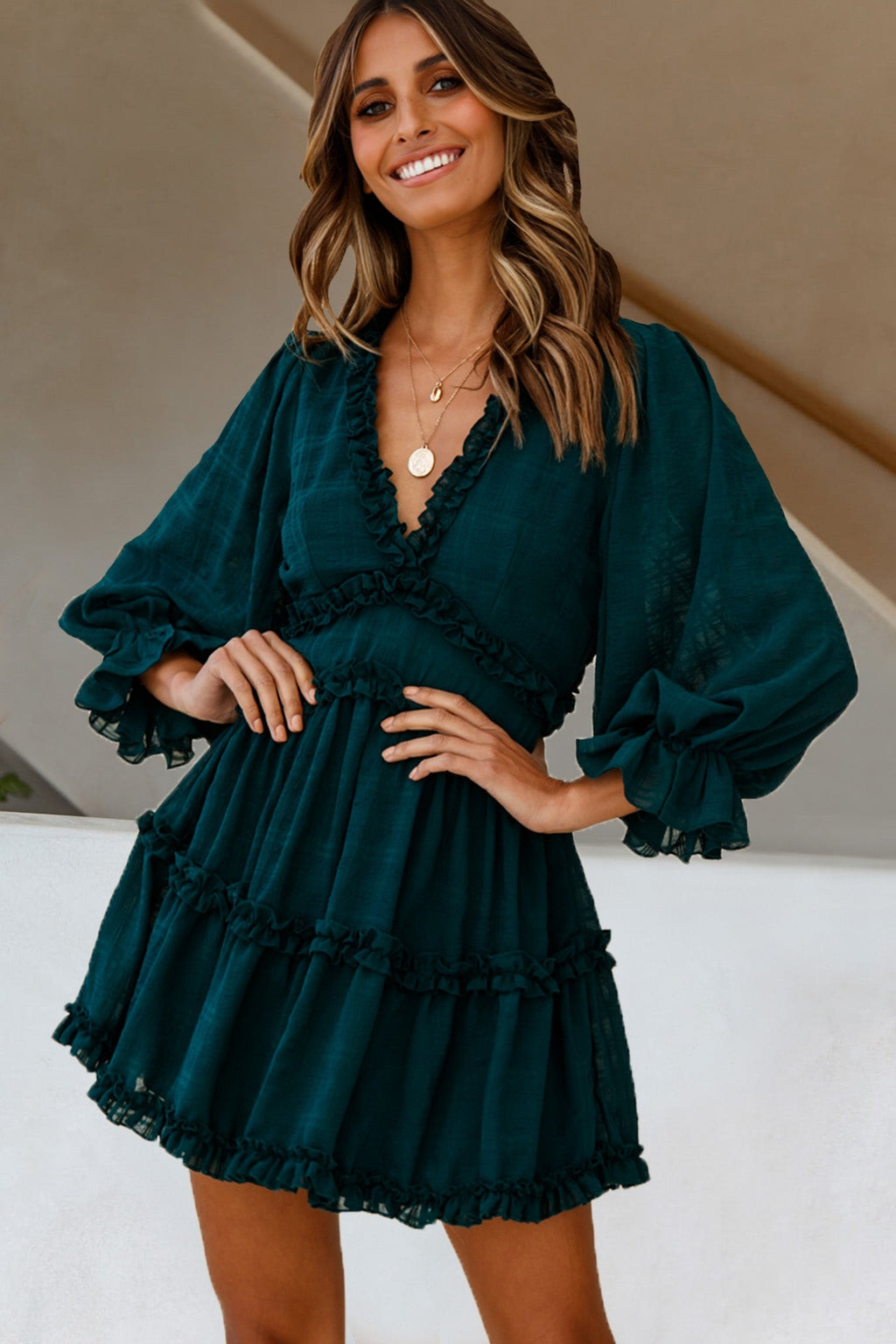 Laney Cutout Back Balloon Sleeve Dress Forest Green by Selfie Leslie