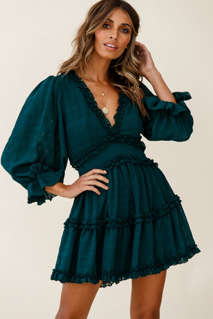 Laney Cutout Back Balloon Sleeve Dress Forest Green by Selfie Leslie