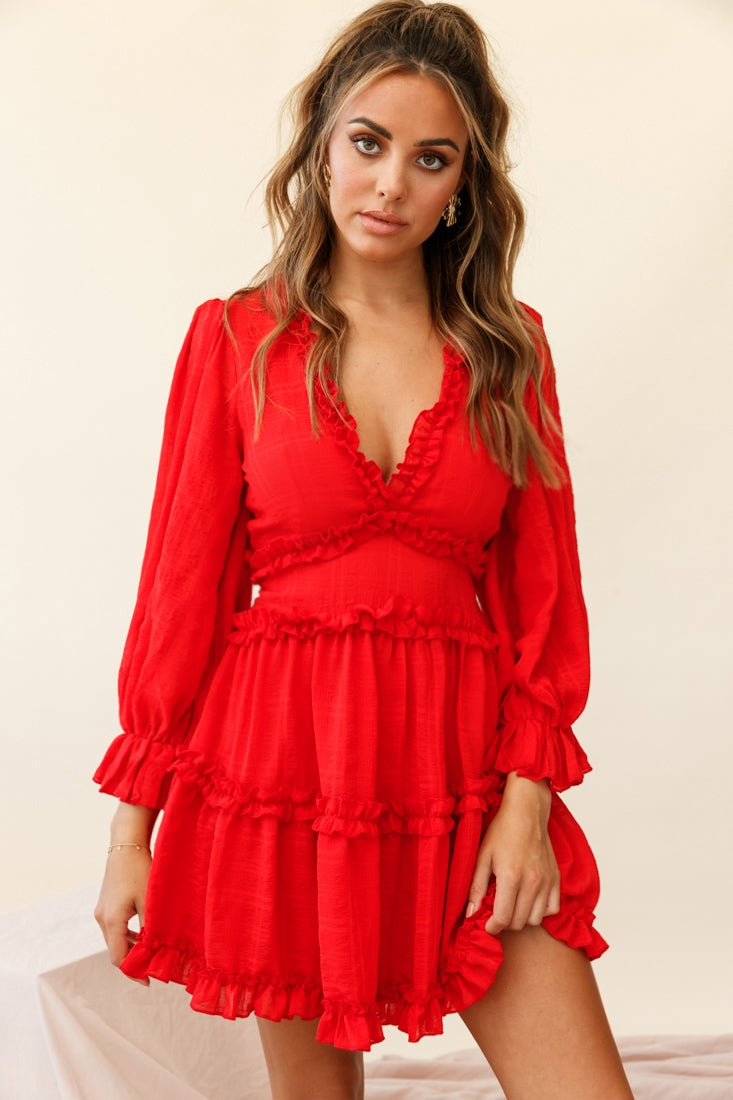 Laney Cutout Back Ruffle Trim Dress Red by Selfie Leslie