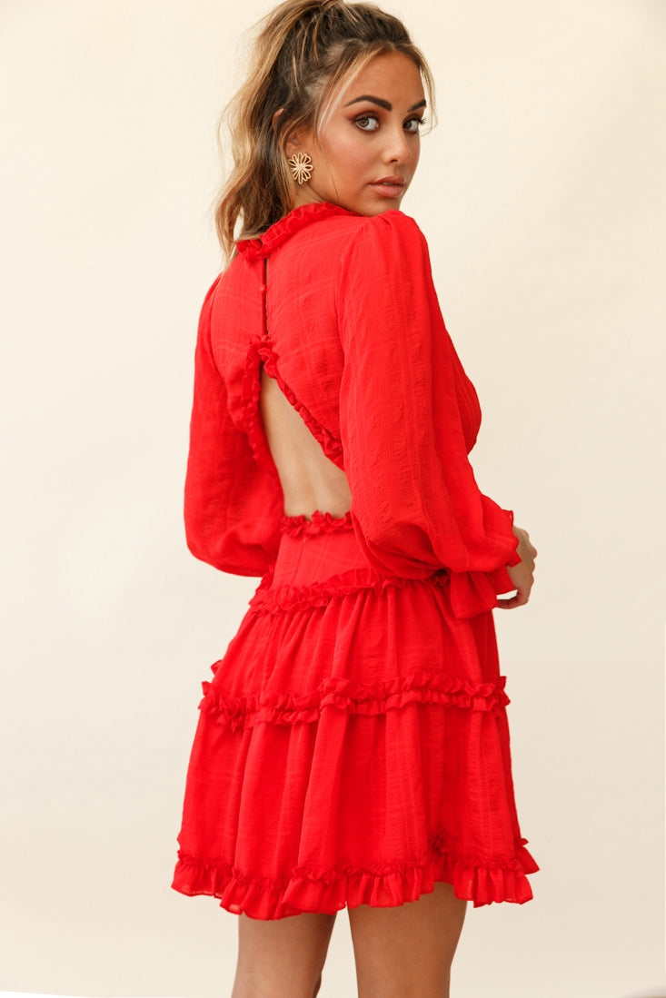 Laney Cutout Back Ruffle Trim Dress Red by Selfie Leslie
