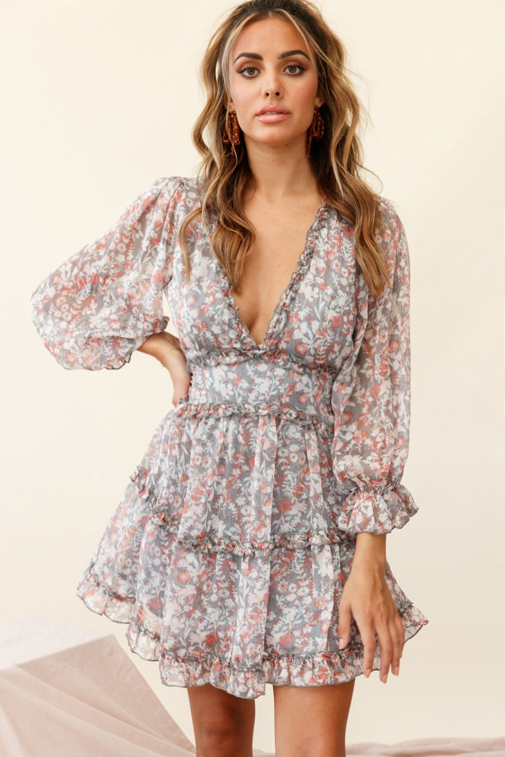 Laney Cutout Back Ruffle Trim Dress Floral Print Grey/Orange by Selfie Leslie