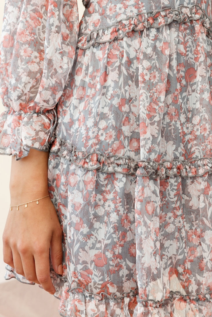 Laney Cutout Back Ruffle Trim Dress Floral Print Grey/Orange by Selfie Leslie