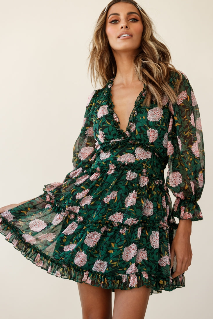 Laney Cutout Back Ruffle Trim Dress Floral Print Green by Selfie Leslie