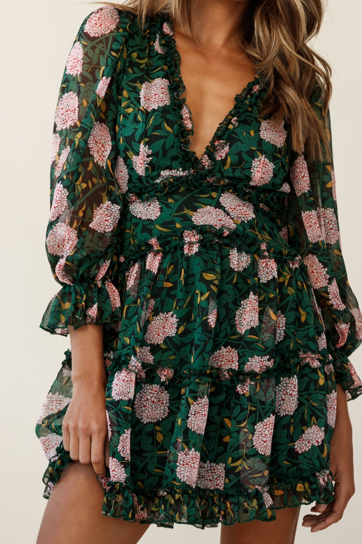 Laney Cutout Back Ruffle Trim Dress Floral Print Green by Selfie Leslie