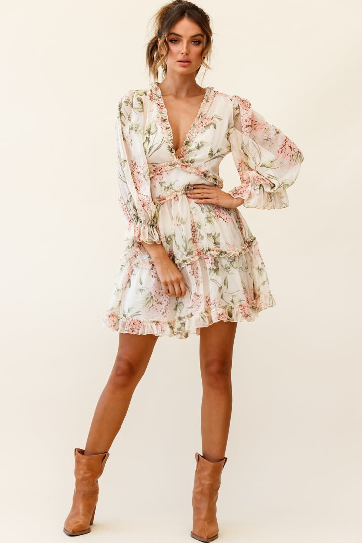 Laney Cutout Back Ruffle Trim Dress Hydrangea Print Nude by Selfie Leslie